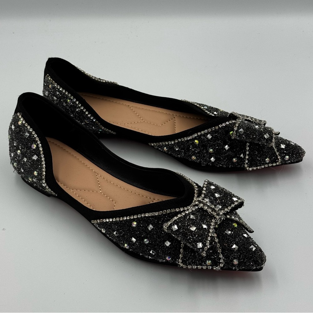 Black Rhinestone Bow Flats – Women’s Size 9, Elegant Sparkle Shoes